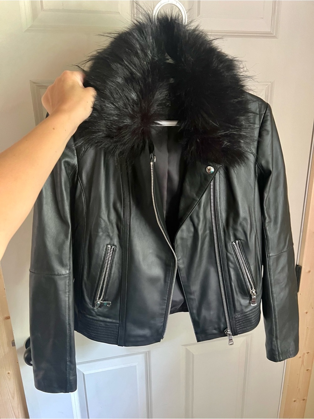 European Real Lamb Leather Jacket NEW Black Faux-Fur
